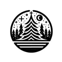 Circular monochrome illustration featuring a crosstopped christmas tree, moon, stars, and forest silhouette over a stylized lake, evoking a tranquil, spiritual feeling. vector