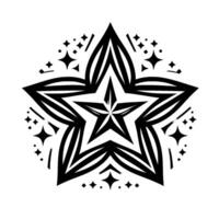Intricate black and white starburst a geometric featuring a fivepointed star, surrounded by sparkling accents on a white background. vector