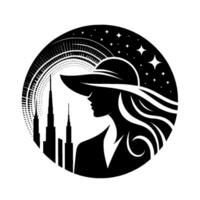 Silhouette of a woman in a hat, gazing at a skyline under a starry night, enclosed in a circular frame. vector