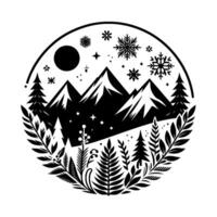 Monochrome nature illustration in a circular frame, featuring snowcapped mountains, trees, ferns, snowflakes, moon, and stars, evoking a peaceful winter wilderness scene. vector