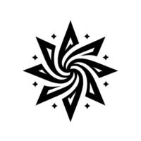 Abstract monochrome starburst with swirling central vortex, framed by sharp points and scattered diamond accents on white background. vector