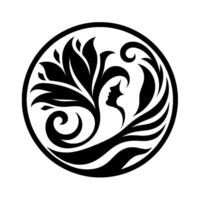 Elegant black and white circular a stylized female profile integrated with floral and flowing abstract elements. vector