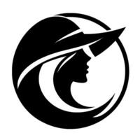 Elegant silhouette of a woman in a hat, contained within a circle, black and white vector