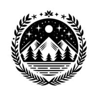 A celestial emblem featuring a mountain range under a starry night sky, silhouetted against a lake and framed by a laurel wreath, showcasing a minimalist design. vector