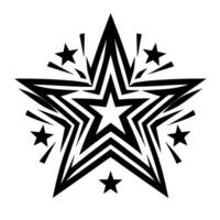 Black and white stylized starburst with a central fivepointed star, framed by multiple radiating layers and surrounding smaller stars. vector