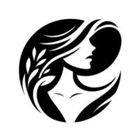 Elegant silhouette of a woman with flowing hair, encircled, adorned with leaves, in a minimalist black and white design, symbolizing nature and femininity. vector