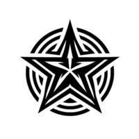 A bold, geometric black star, set inside concentric circles, creating a striking contrast on a white background. the star is stylized with sharp angles and lines. vector
