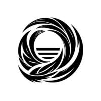 A symmetrical, abstract featuring a circular arrangement of stylized black leaflike shapes surrounding a central ring containing three horizontal bars, set against a white background. vector