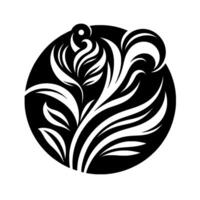 A stylized, monochromatic floral emblem, featuring a central vertical arrangement of leaves and curved elements within a circular black frame, evoking elegance. vector