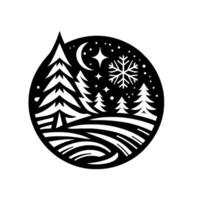 A stylized winter night scene in a circular silhouette, featuring snowcovered trees, a crescent moon, stars, and a large snowflake, evoking peace. vector