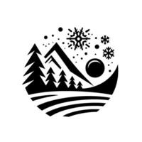 Winter landscape a black and white stylized illustration inside of a circle features mountains, trees, a sunmoon, and snowflakes, evoking a sense of peace and simplicity. vector