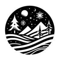 Black and white stylized winter landscape in a circle, featuring trees, mountains, a full moon, stars, and a snowflake, evoking a serene and minimalist aesthetic. vector
