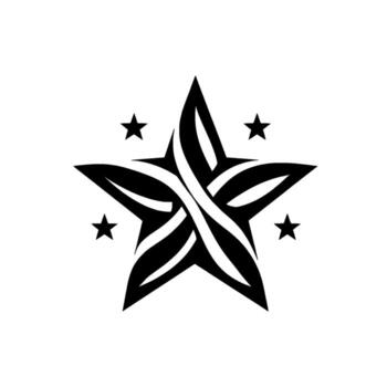 Abstract black and white star with interconnected lines, surrounded by smaller star shapes on a clean white background, minimalist design. vector