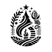 A stylized christmas emblem featuring a fir tree, a fireplace, a star, botanical elements, and a minimalist, decorative on white. vector