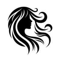 Elegant silhouette of a woman with flowing hair, featuring graceful lines and dynamic curls, set against a pure white background vector