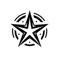 Bold black and white star design, featuring a sharp pentagon shape with circle and dot embellishments on a clean white background. vector