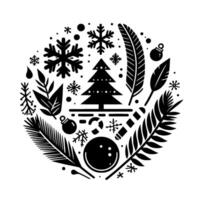 A monochrome holidaythemed circular illustration featuring a christmas tree, snowflakes, feathers, ornaments, and botanical elements. vector
