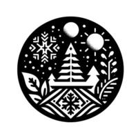 A stylized black and white winter landscape in a circular frame, featuring snowflakes, trees, celestial orbs, and intricate geometric details, evoking a festive mood. vector