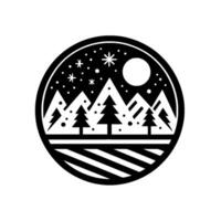 A stylized winter landscape, enclosed within a circle, featuring mountain peaks, pine trees, a night sky with stars and a full moon, and a striped foreground. vector