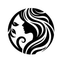 Elegant silhouette of a womans profile within a circle, with flowing hair, floral accents, and a graceful design. vector