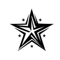 A bold, black star design, featuring a stylized fivepointed star with layered segments and smaller surrounding stars, set against a stark white background. vector