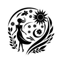 Silhouette of a woman within a circular design, embraced by natural elements like sun, stars, flowers, and leaves, symbolizing harmony and connection with nature. vector