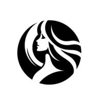 Elegant black and white of a womans profile within a circle, featuring flowing hair and graceful lines. vector