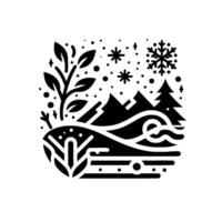 A graphic, minimalist winter landscape scene featuring a stylized mountain range, trees, falling snowflakes, and foliage. vector