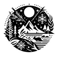 A black and white winter wonderland a circular landscape featuring mountains, trees, snowflakes, and a hare under a full moon. vector