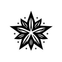 Intricate black and white starburst a symmetrical featuring a stylized star with overlapping petallike shapes, and surrounding sparkle elements on a white background. vector