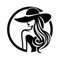 Elegant silhouette a stylized, portrait of a woman with flowing hair and a widebrimmed hat, framed within a circular design. vector