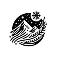 A stylized winter landscape framed in a black circle, featuring snowcapped mountains, falling snow, a snowflake, and a sprig of foliage, rendered in minimalist black and white design. vector
