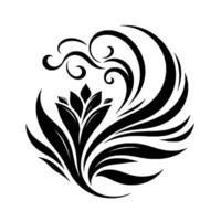 A symmetrical, stylized floral in black and white, featuring a central blossom surrounded by elegant, curving leaves and swirling tendrils, evoking a sense of graceful movement and organic beau vector