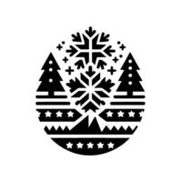 A symmetrical, black and white christmas ornament featuring snowflakes, stylized trees, star patterns, and a geometric mountain range within a circular frame. vector