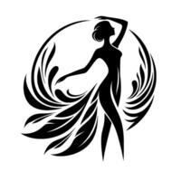 Silhouette of a graceful woman in flowing dress and circular elements, evoking elegance and motion, set against a stark white backdrop. vector