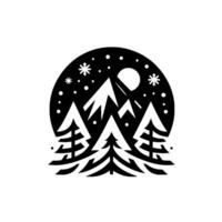 A minimalist winter landscape composition rendered in black and white, featuring pine trees, snowcapped mountains, a full moon, and snowflakes within a circular frame. vector