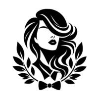 Elegant silhouette a woman with flowing hair adorned by a laurel wreath and bow tie, in a minimalist, black and white design. vector