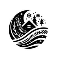 Monochromatic winter scene depicting a cabin nestled amidst stylized trees, snow, and nature elements, all contained within a circular frame. vector