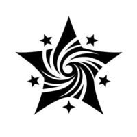 Black and white minimalist star with an inner spiral and surrounding small stars on a white background. vector