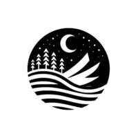 A minimalist black and white circular depicting a serene nighttime mountain landscape, featuring a crescent moon, starry sky, evergreen trees, and a stylized mountain peak. vector