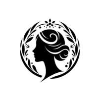 Elegant black silhouette of a womans profile within a circular botanical frame, emphasizing grace and serenity. vector