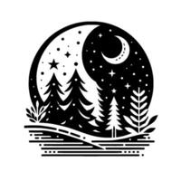 Black and white illustration depicting a serene forest scene under a starry night sky with a crescent moon, enclosed within a circular frame. vector