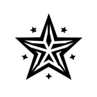 Geometric, stylized star emblem with inner starburst design, surrounded by smaller stars, all in bold black and white, conveying a modern and aesthetic. vector