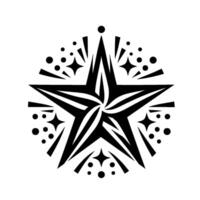 A symmetrical black and white illustration of a stylized starburst, showcasing a central fivepointed star surrounded by radiating lines, dots, and smaller star shapes on a stark white background. vector