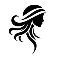 A minimalist black silhouette profile of a woman with flowing hair, featuring stylized curls and a band, against a pristine white background. vector