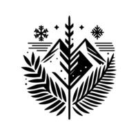 Monochromatic winter emblem geometric mountains, pine tree, snowflakes, and botanical elements in a circular composition. vector