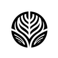 A symmetrical, minimalist featuring a stylized leaf composed of bold black shapes within a circular frame, set against a stark white backdrop, suggesting balance and nature. vector