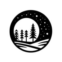 Silhouette of a snowy forest night, a crescent moon lights up the trees within a circular frame, with stars. vector