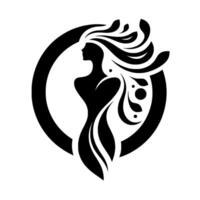 Elegant silhouette a black and white featuring a womans profile enclosed in a circular frame, with flowing hair and decorative floral elements, embodying grace. vector