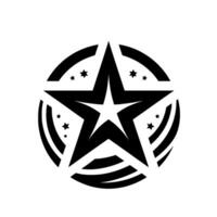 Black and white emblem featuring a bold star within a circle, adorned with smaller stars, radiating strength and patriotism. vector